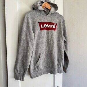 Levi's Batwing Logo Pullover Hoodie Boys Youth XL Gray Fleece Lined Pocket